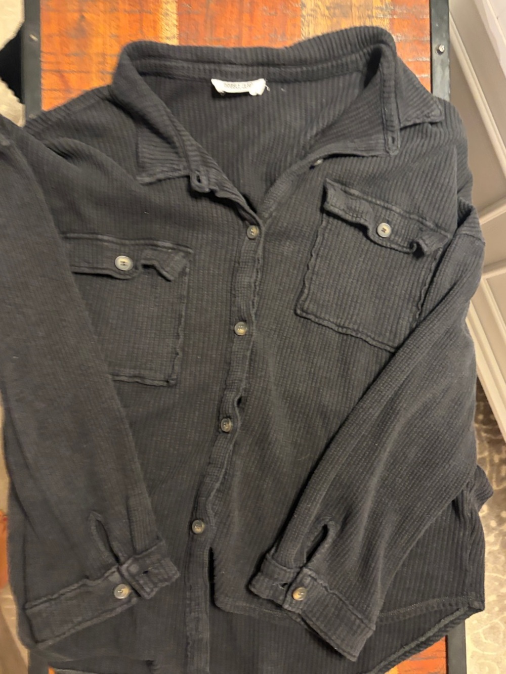 Double Zero Black Ribbed Button-Down Shirt